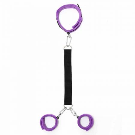 Soft Handcuffs To Collar With Leash Purple Black