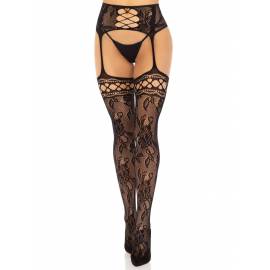 Rose Backseam Stockings with Garter Belt - Black O/S