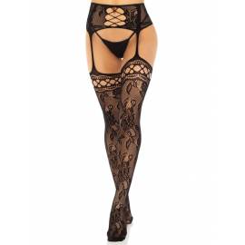 Rose Backseam Stockings with Garter Belt - Black O/S