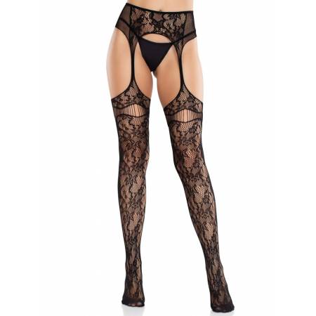 Net Stockings with Attached Garter Belt - Black O/S
